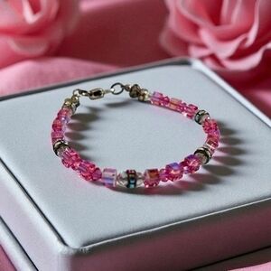 Pink and Clear Crystal Beads Bracelet with Heart Clasp NIB
